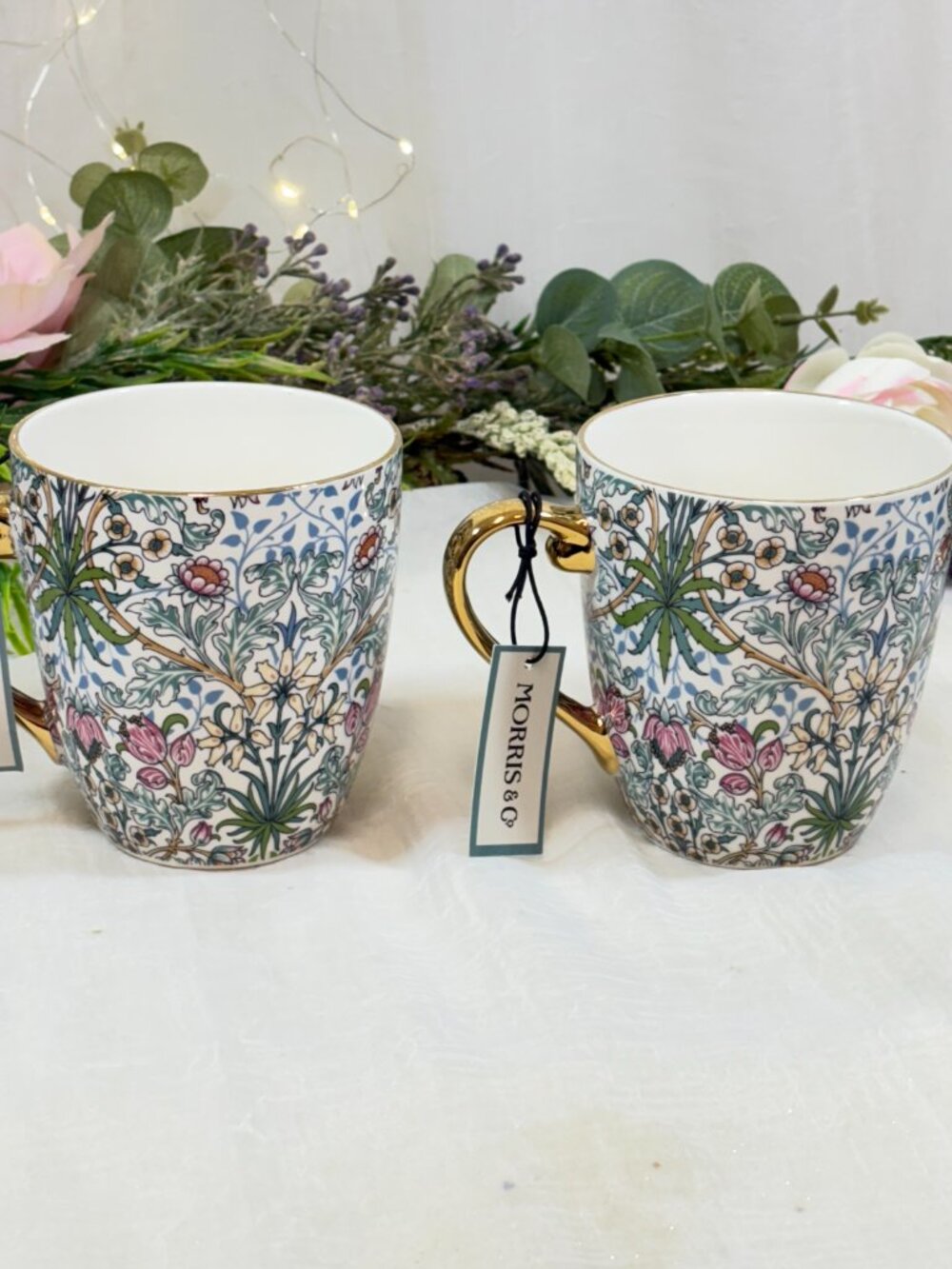 Morris & Co Floral Botanical Gold Handle Trim Porcelain Mugs Set of 4 New